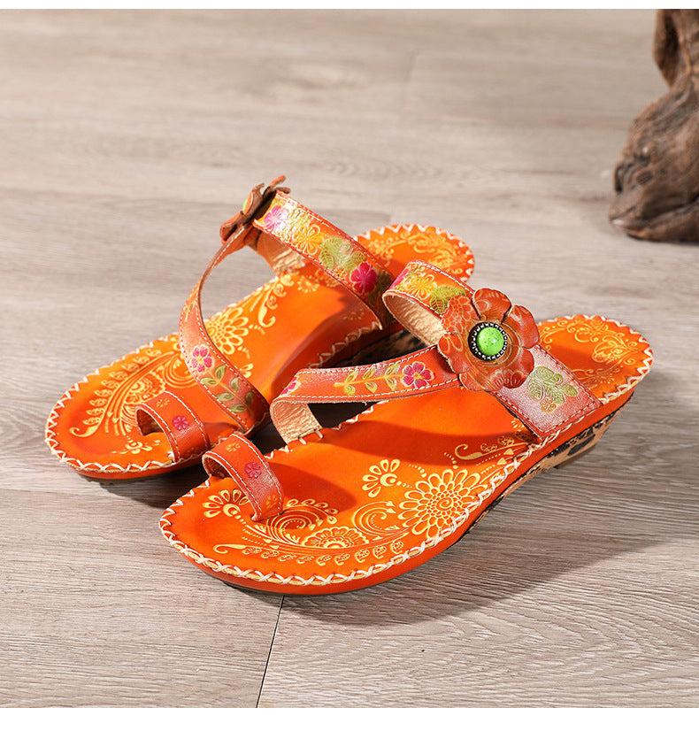 Retro Handmade Floral Wedge Flip Flops Sandals