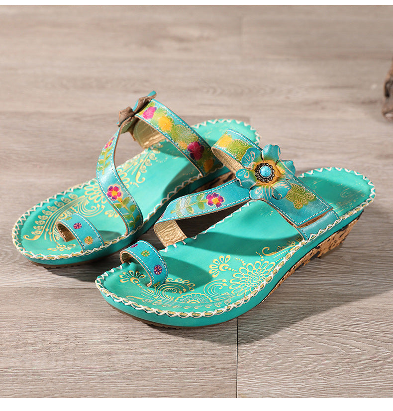 Retro Handmade Floral Wedge Flip Flops Sandals