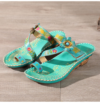 Retro Handmade Floral Wedge Flip Flops Sandals