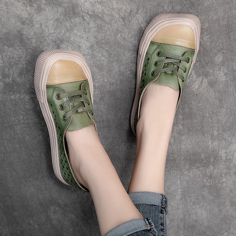 Leather Hollow Square Head Casual Shoes
