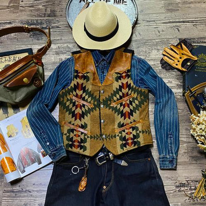 Men¡¯s Navajo Totem Tobacco Waxed Cowhide Vest