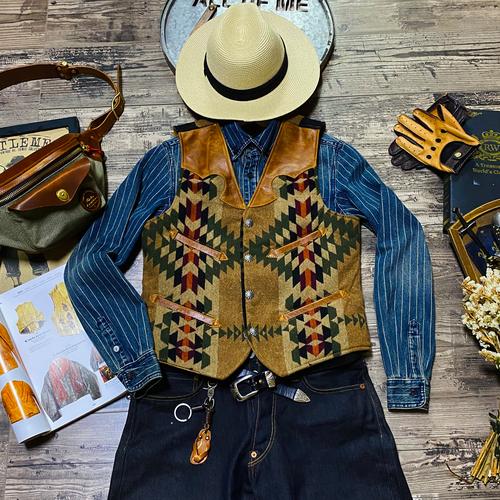 Men¡¯s Navajo Totem Tobacco Waxed Cowhide Vest