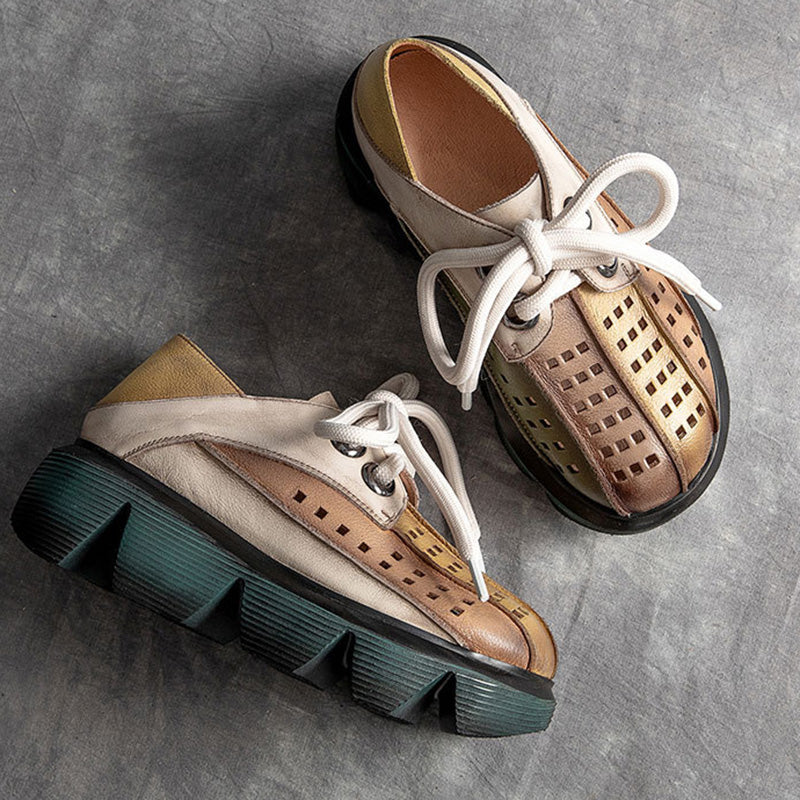 Retro Multicolor Hollow Genuine Leather Platform Sandals