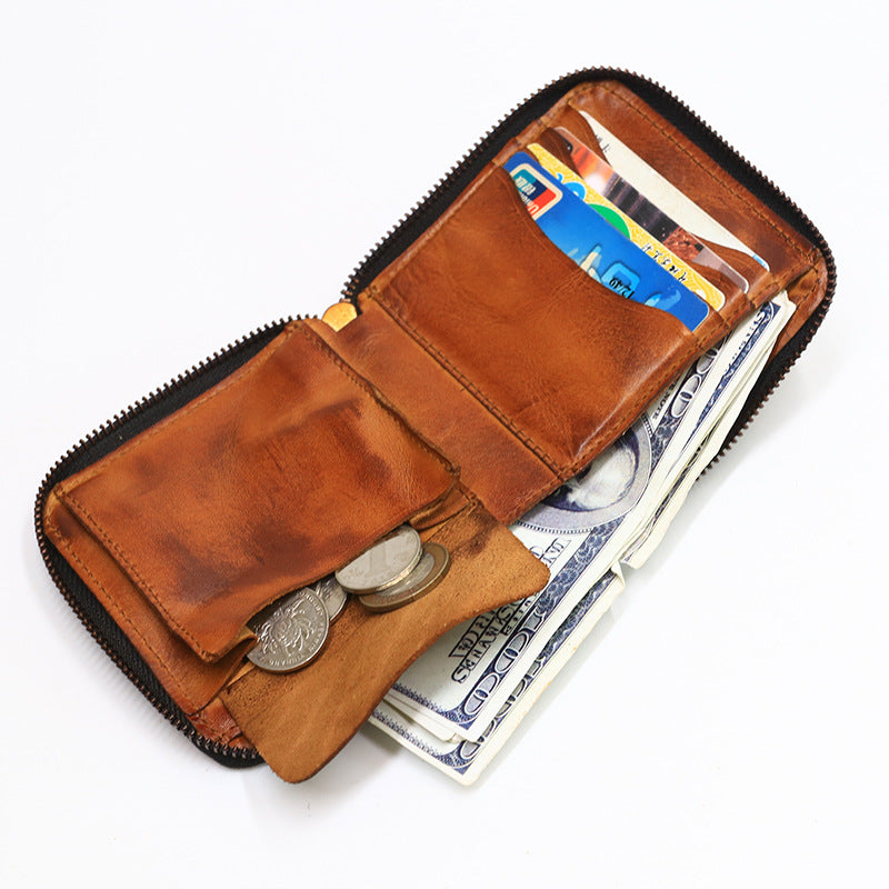 Retro Handmade Zipper Leather Wallet