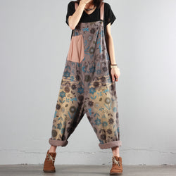 Floral Color Block Denim Overalls