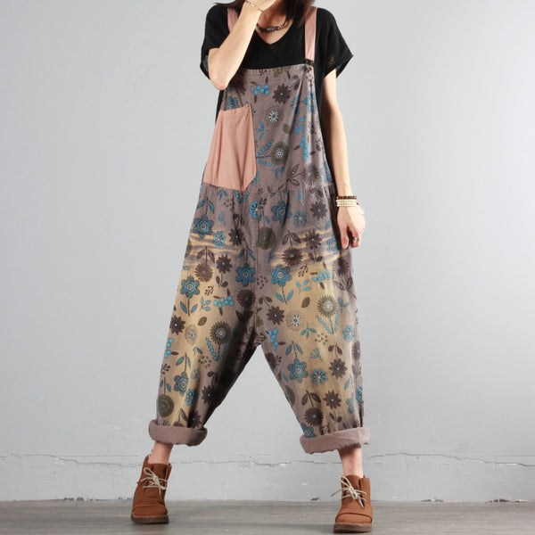 Floral Color Block Denim Overalls