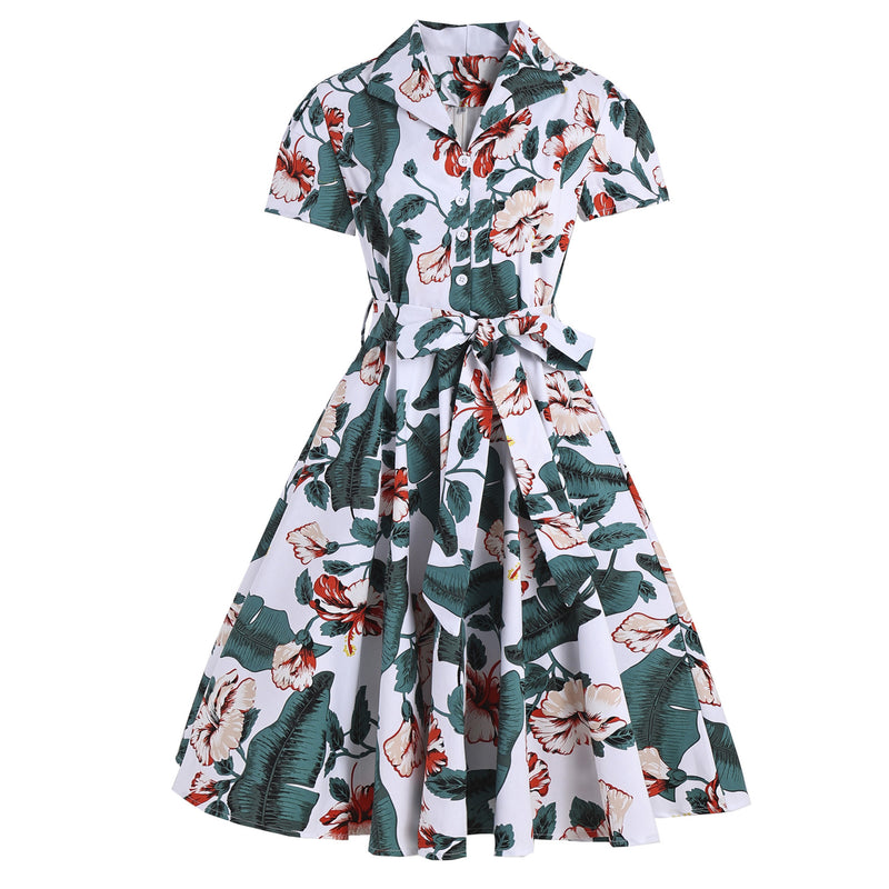 1950s Retro Lapel Flower Print Dress