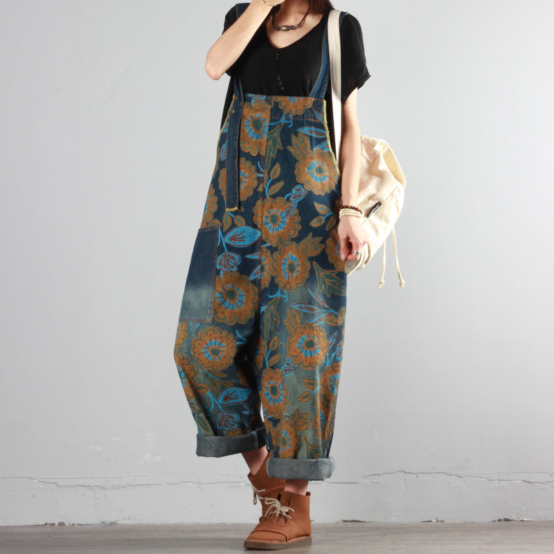 Summer Flower Print Denim Overalls