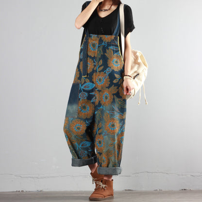 Summer Flower Print Denim Overalls