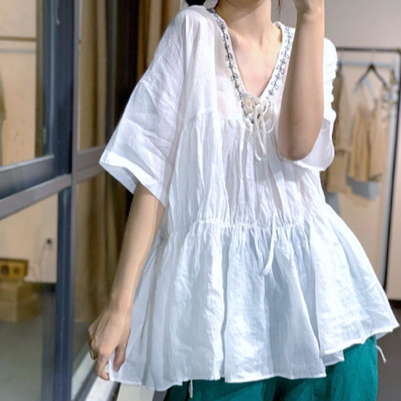 Retro Embroidered V-neck Blouse