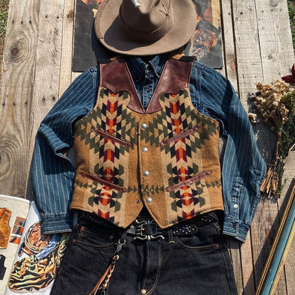 Men¡¯s Navajo Totem Tobacco Waxed Cowhide Vest