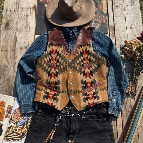 Men¡¯s Navajo Totem Tobacco Waxed Cowhide Vest