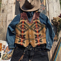 Men¡¯s Navajo Totem Tobacco Waxed Cowhide Vest