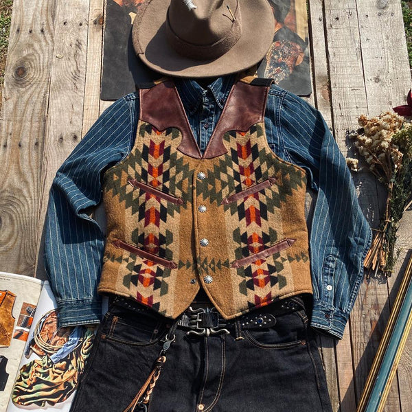 Men¡¯s Navajo Totem Tobacco Waxed Cowhide Vest