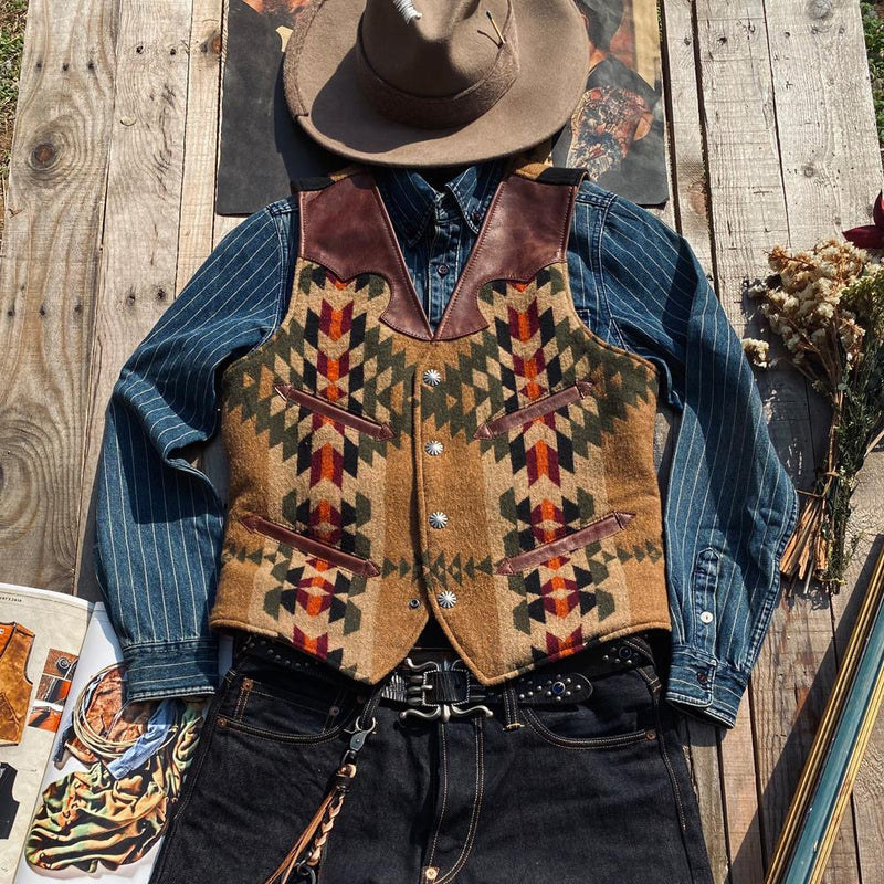 Men¡¯s Navajo Totem Tobacco Waxed Cowhide Vest