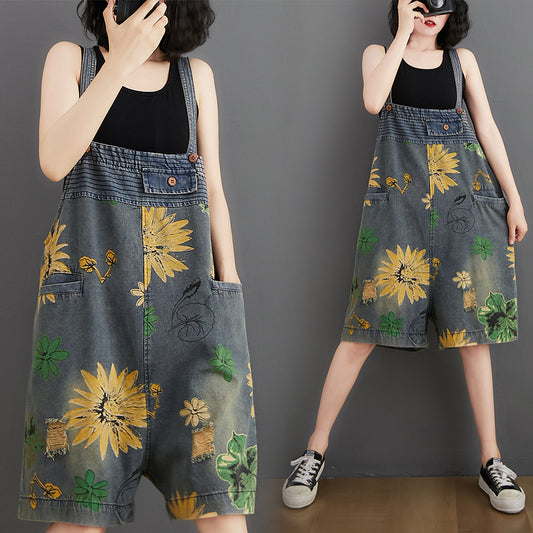 Flower Print Denim Rompers