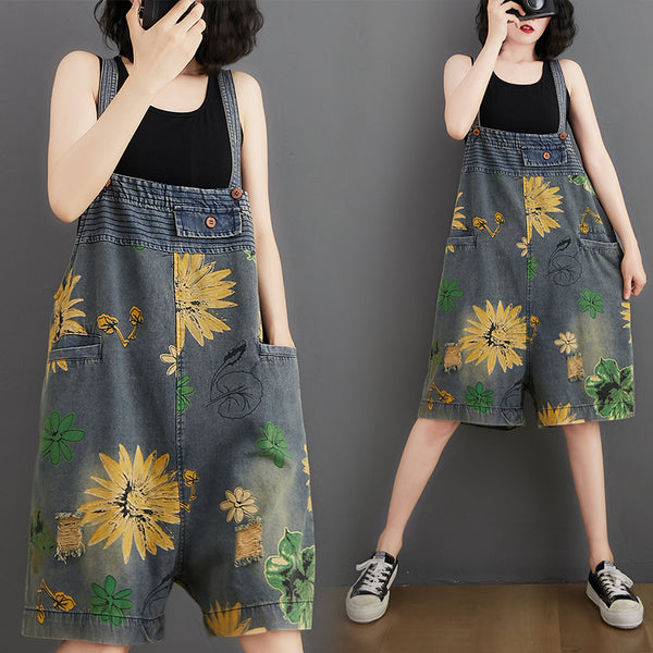 Flower Print Denim Rompers