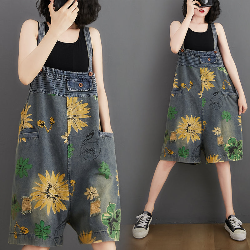 Flower Print Denim Rompers