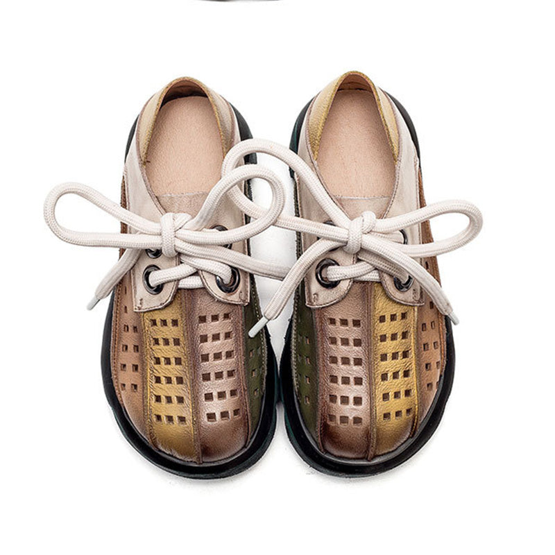 Retro Multicolor Hollow Genuine Leather Platform Sandals