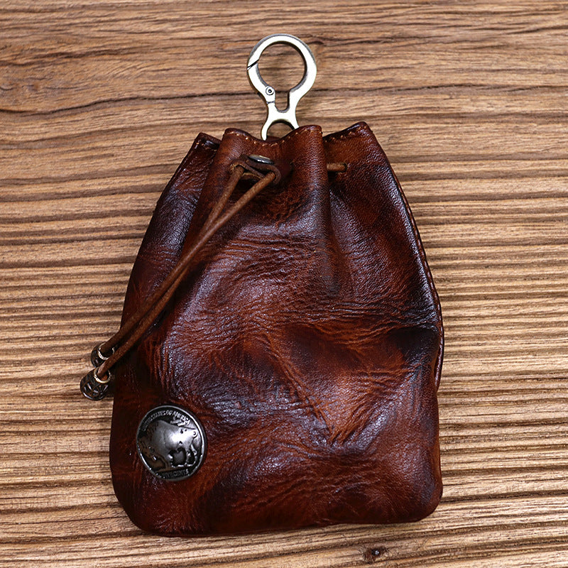 Cowhide Waist Pleated Drawstring Coin Purse Storage Bag