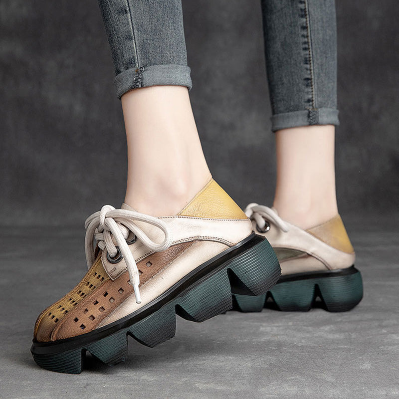 Retro Multicolor Hollow Genuine Leather Platform Sandals