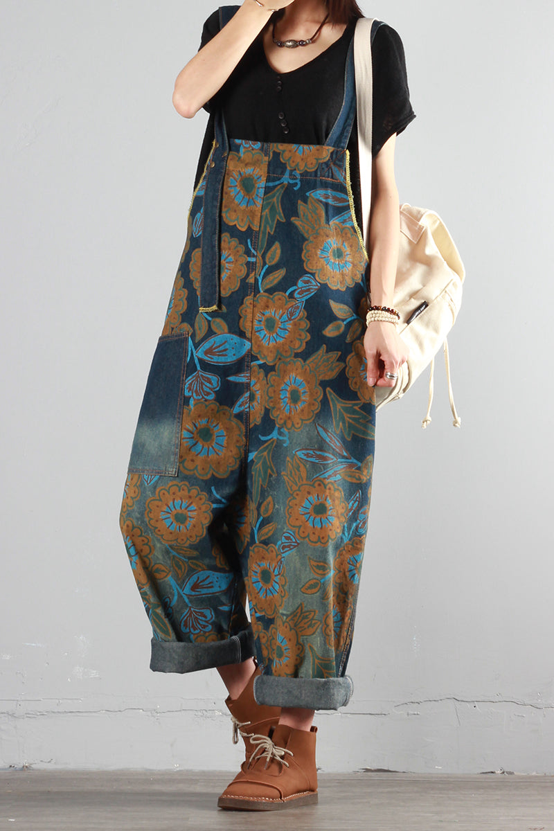 Summer Flower Print Denim Overalls