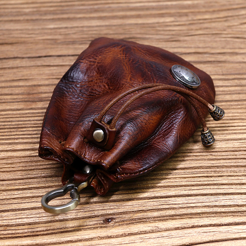 Cowhide Waist Pleated Drawstring Coin Purse Storage Bag