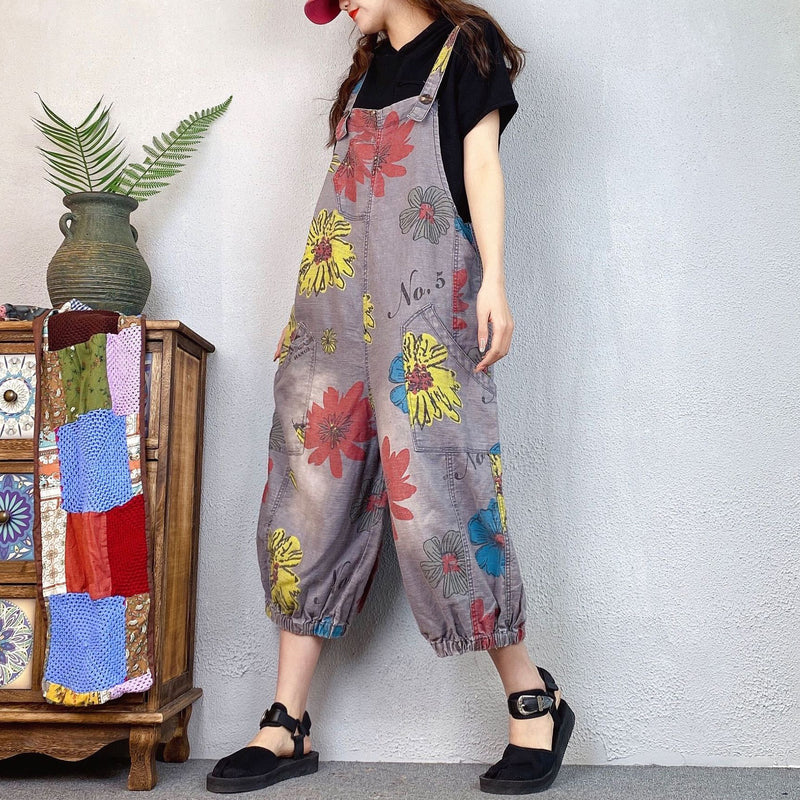 Loose Ethnic Floral Print Denim Overalls