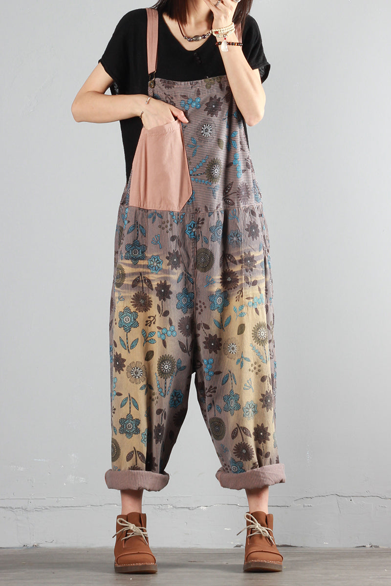 Floral Color Block Denim Overalls