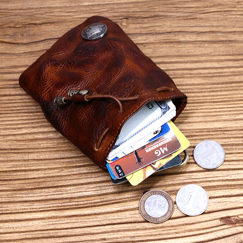 Cowhide Waist Pleated Drawstring Coin Purse Storage Bag