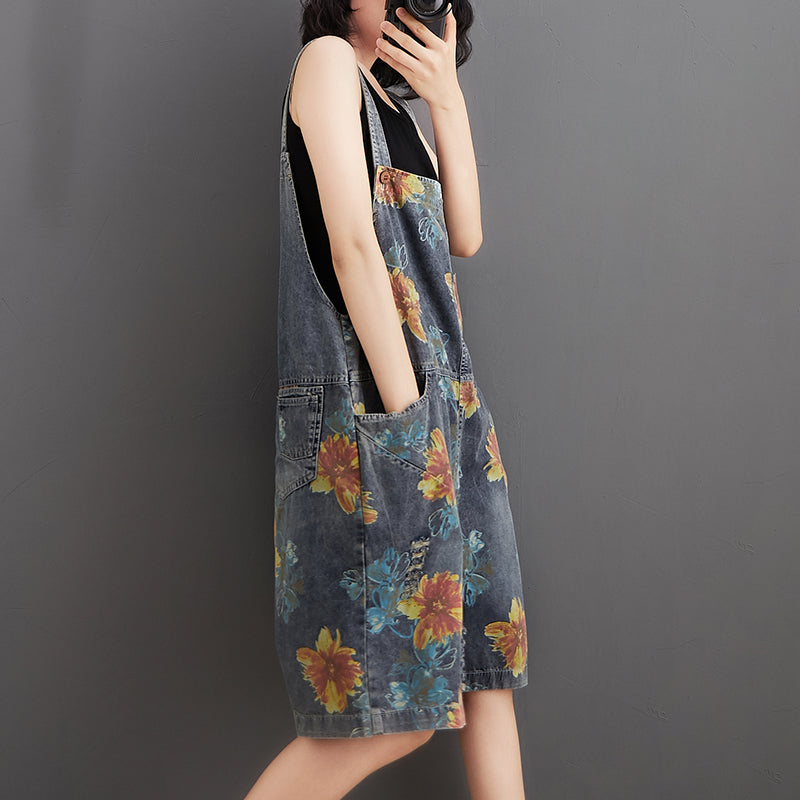 Summer Flower Print Denim Rompers