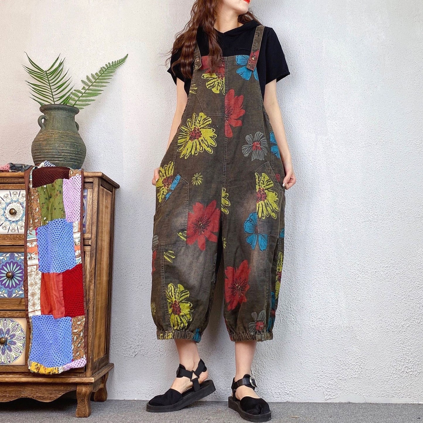 Loose Ethnic Floral Print Denim Overalls