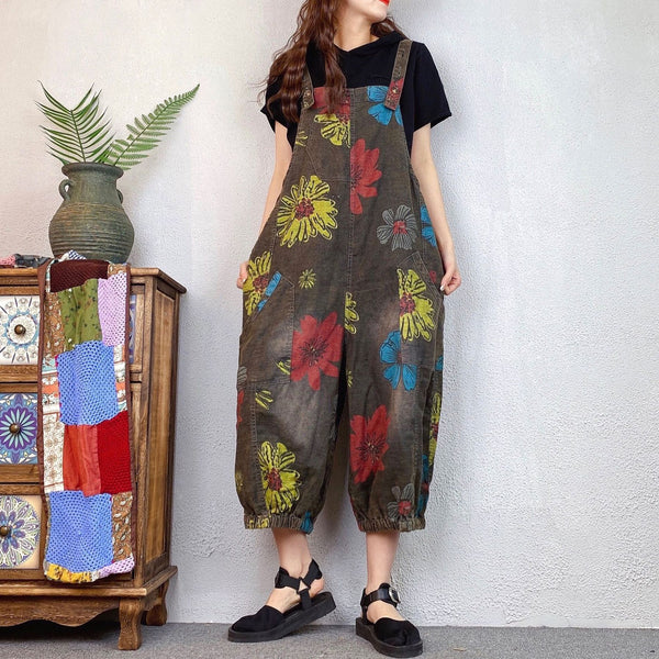 Loose Ethnic Floral Print Denim Overalls