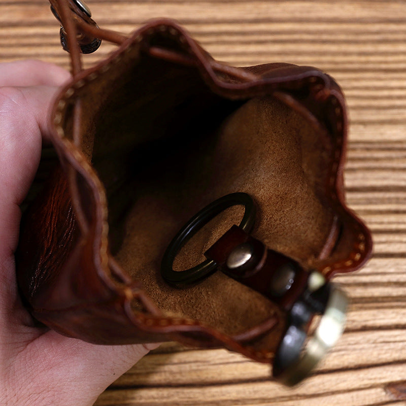 Cowhide Waist Pleated Drawstring Coin Purse Storage Bag