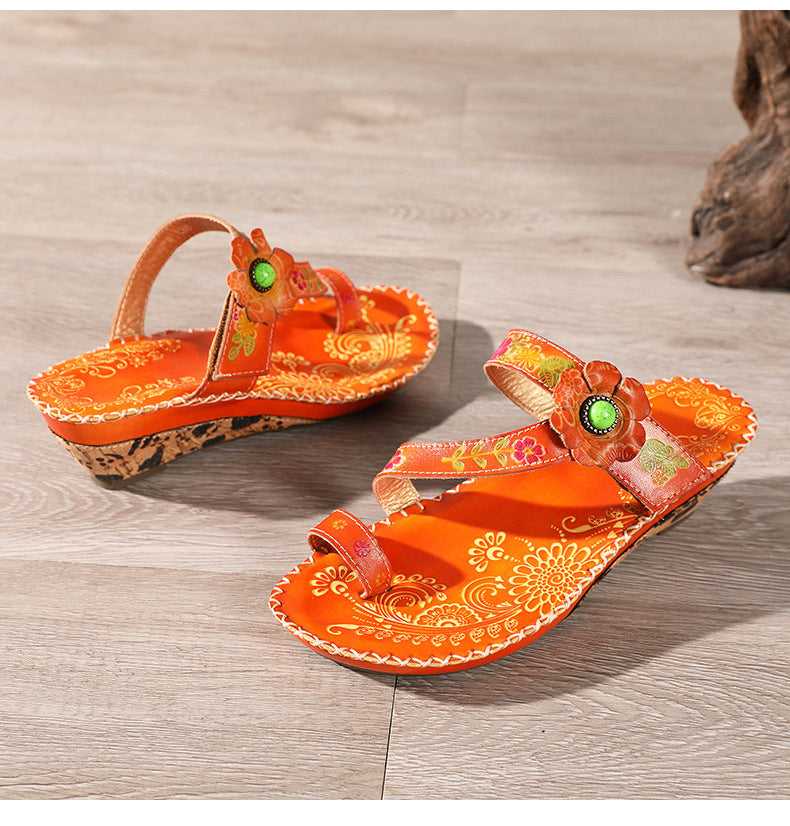 Retro Handmade Floral Wedge Flip Flops Sandals