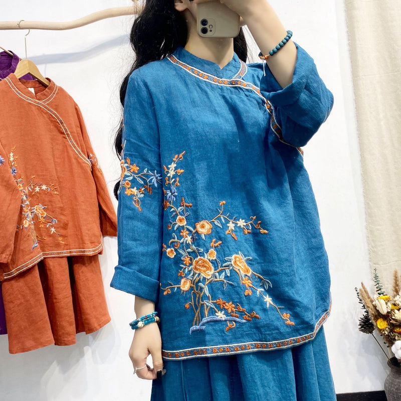 Retro Embroidered Linen Long-sleeved Shirts