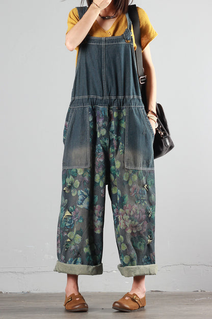 Printed Ripped Denim Overalls