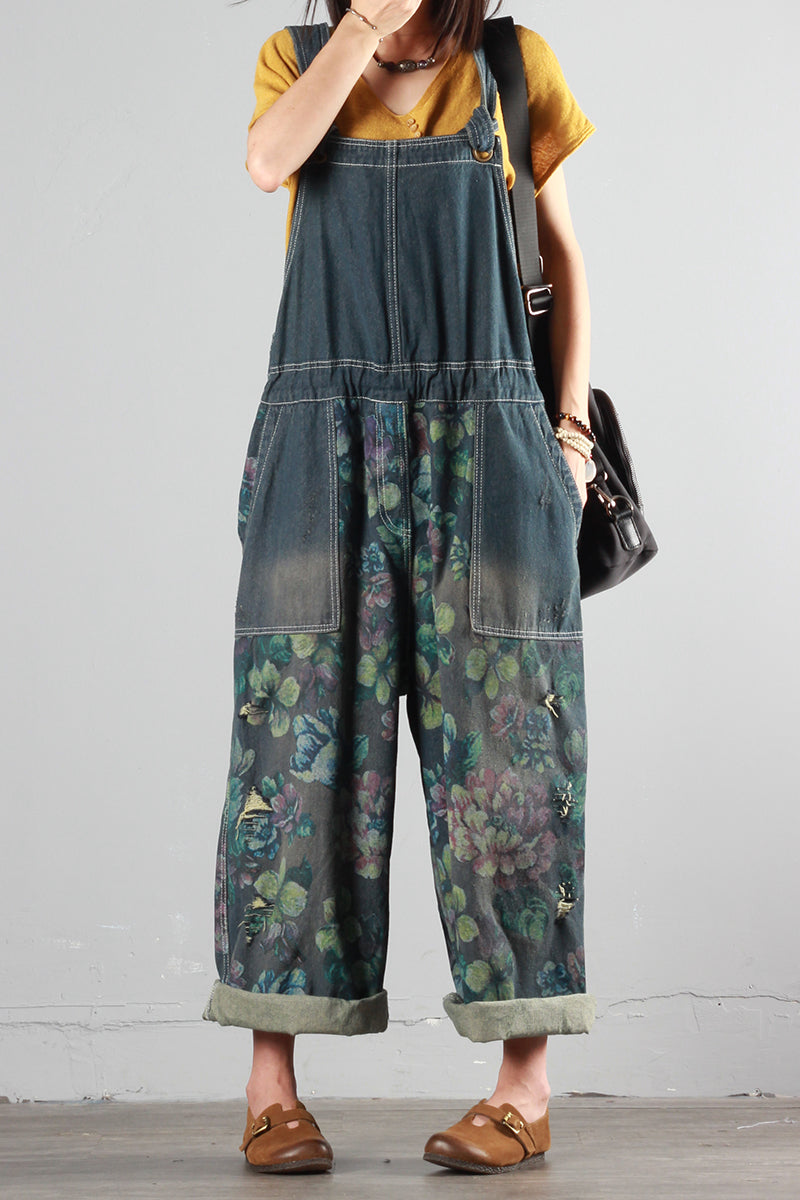 Printed Ripped Denim Overalls