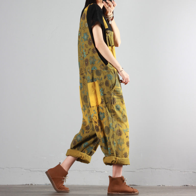 Floral Color Block Denim Overalls