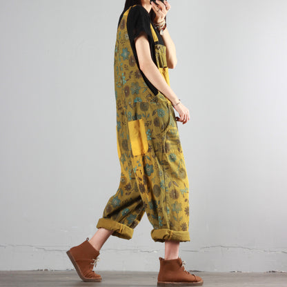 Floral Color Block Denim Overalls