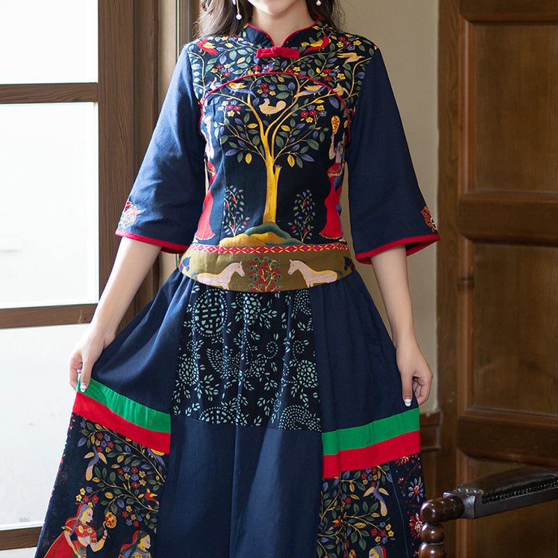 Summer Ethnic Retro Blouse + Skirt Two-piece Suit