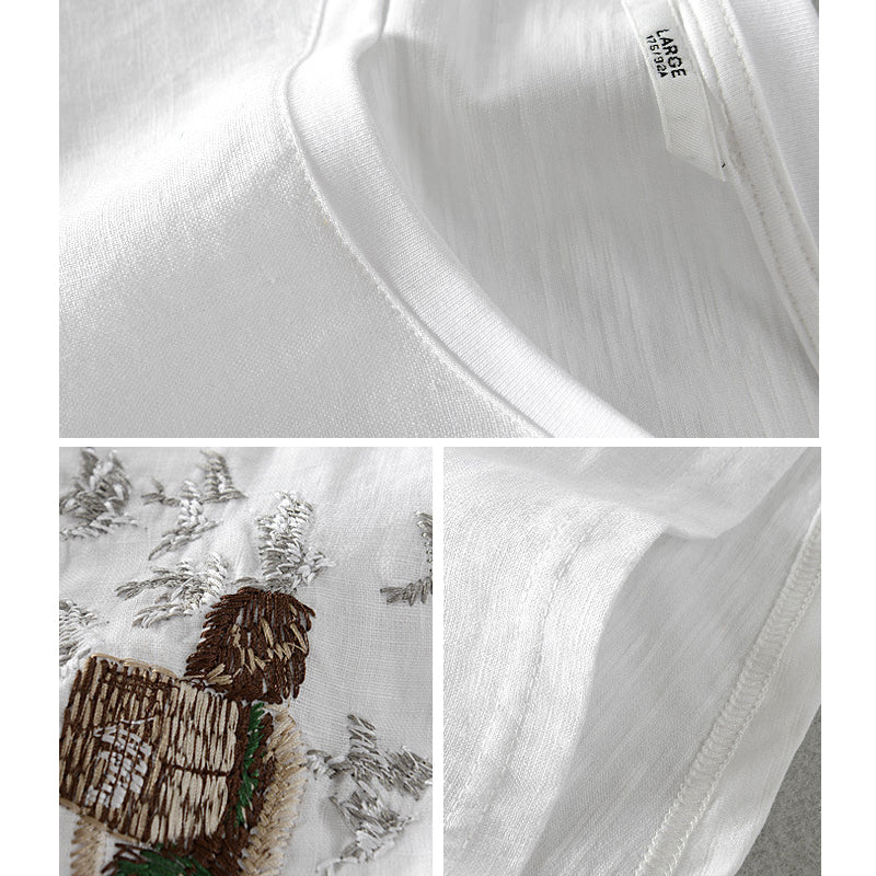 Traveler Linen Embroidered Short-sleeved T-shirt