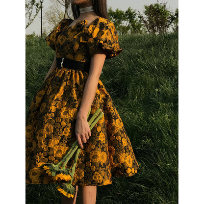 Retro Embossed Puff Sleeve Dress