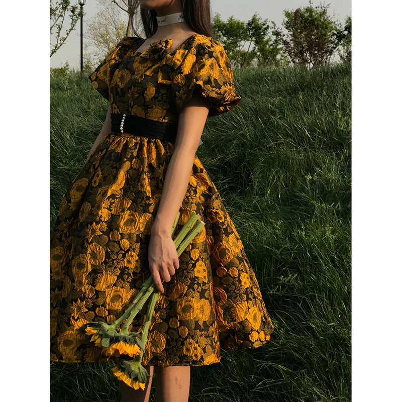 Retro Embossed Puff Sleeve Dress