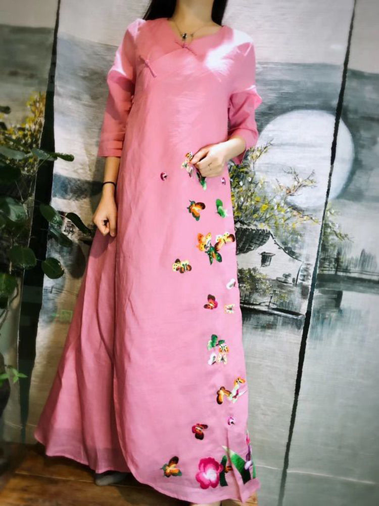 Linen V-neck Embroidered Butterfly Dress