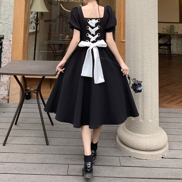 French Summer Retro Lace-up Waist Dress