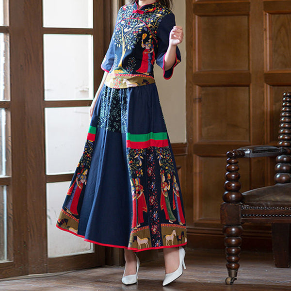 Summer Ethnic Retro Blouse + Skirt Two-piece Suit