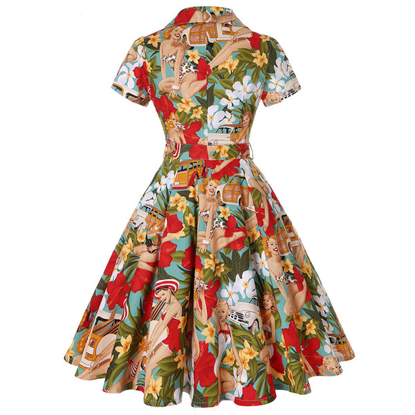 1950s Retro Lapel Flower Print Dress