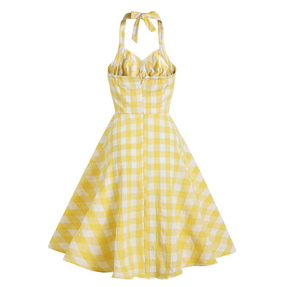 1950s Retro Plaid V-neck High Waist Midi Dress