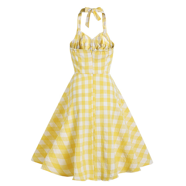 1950s Retro Plaid V-neck High Waist Midi Dress